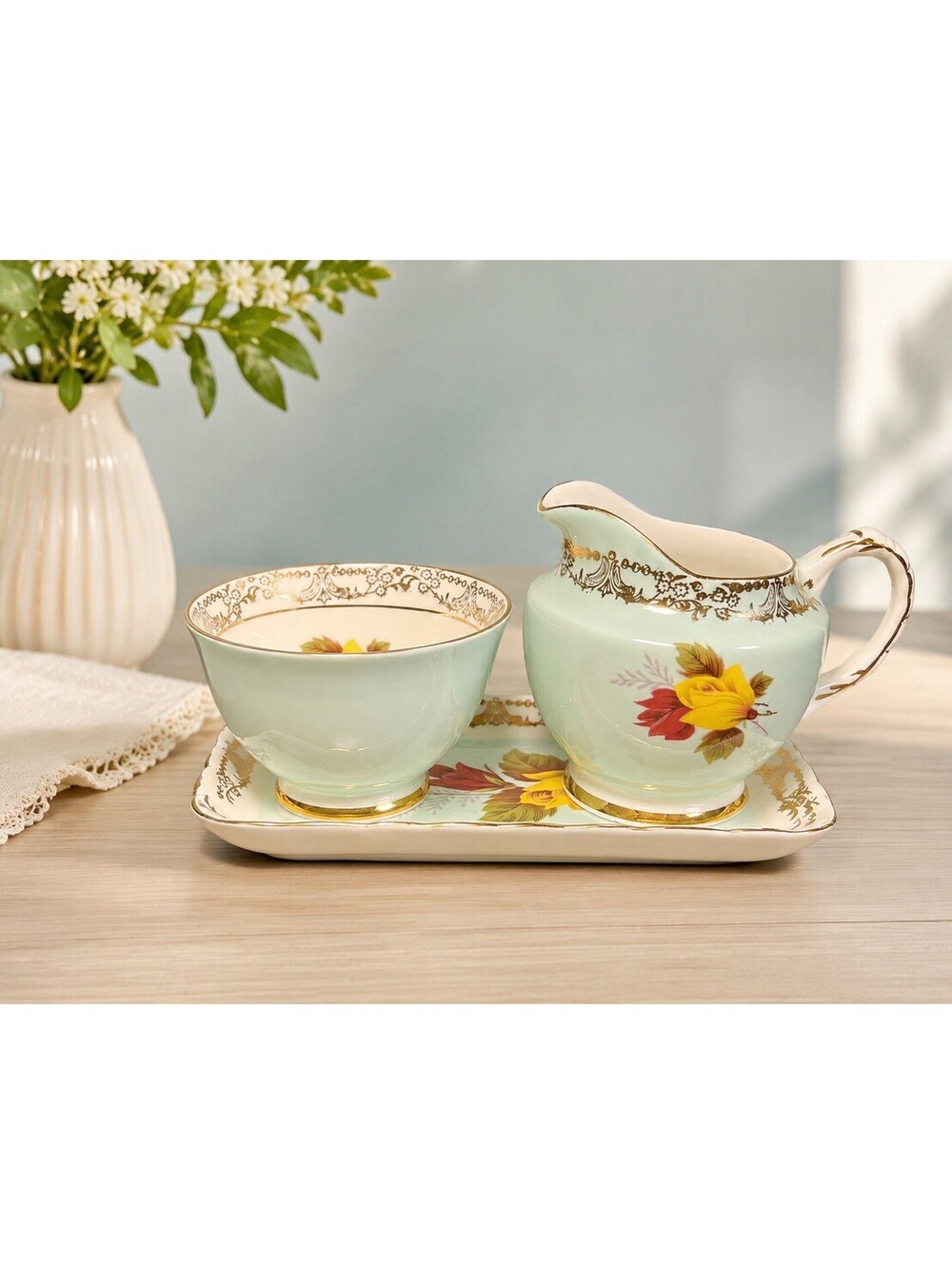 Sutherland 1960s 3 Piece Cream Sugar Tray Set Bone China Blue Roses